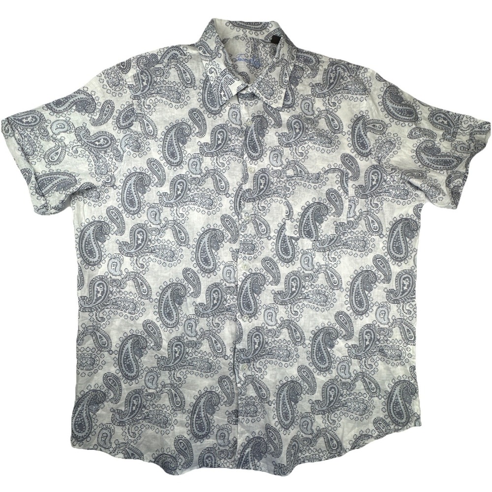 Tasso Elba Mens Shirt XXL Linen Paisley Blue White Short Sleeve Summer Button Up